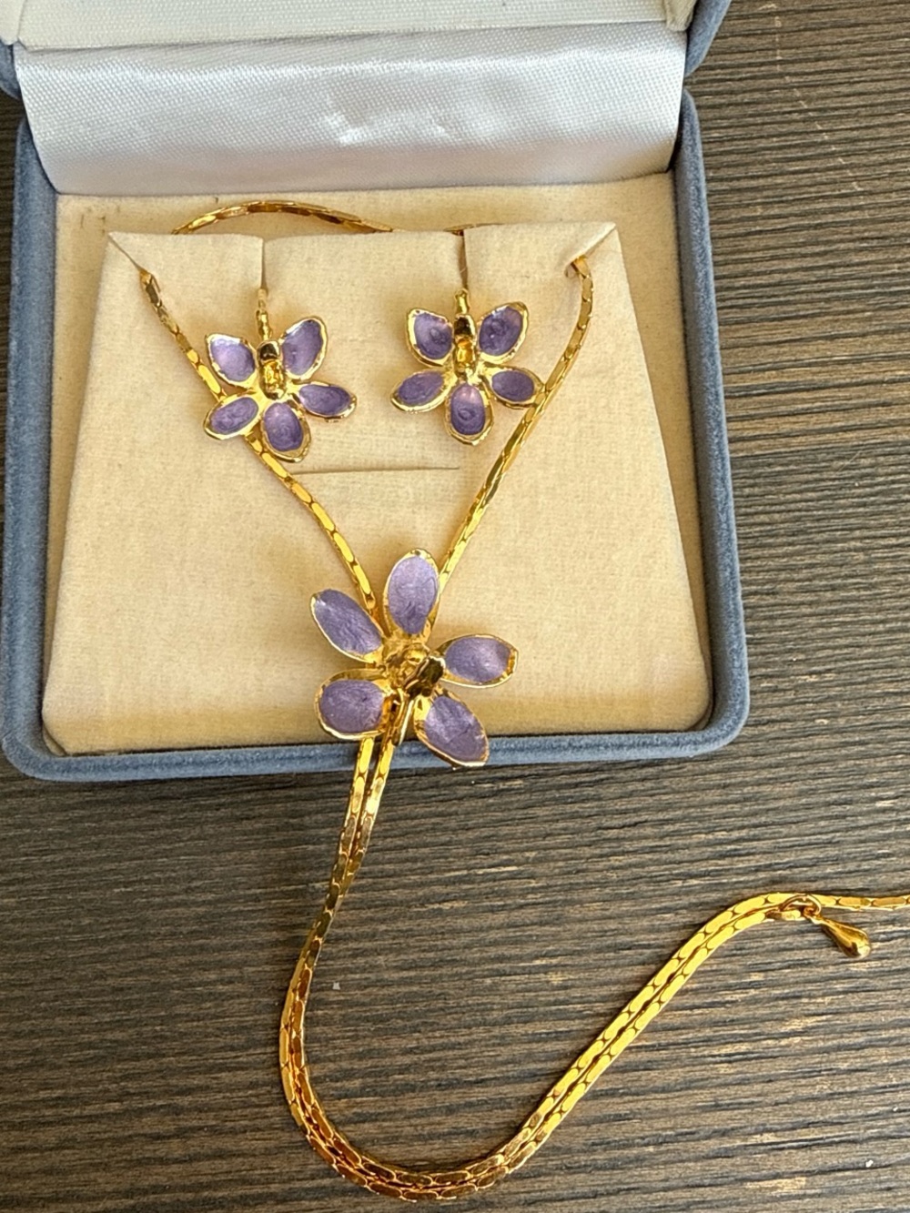 Gold-Tone Necklace and Stud Earrings with Purple Flower Accents